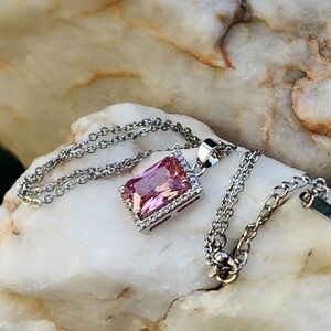 925 Silver Pendant Pink Zircon Diamond Cut Pave Hypoallergenic 14K White Gold